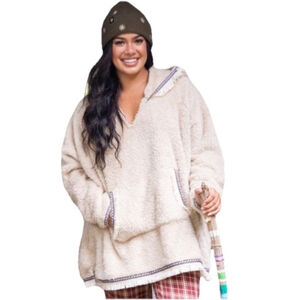Natural Life Sherpa Pullover Blanket Hoodie One Size Beige Aztec & Fringe Trim